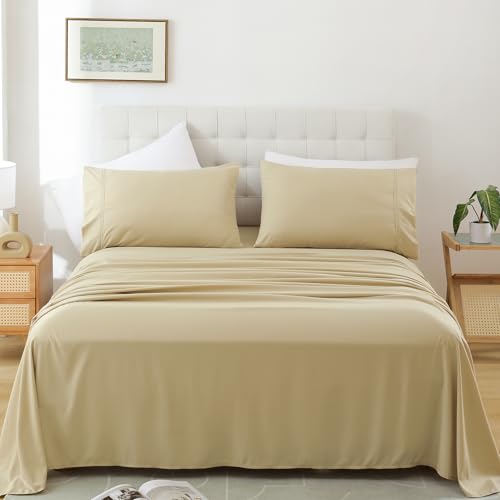 King Size Sheet Set, 4 Piece Soft Bed Sheets, Deep Pockets - Breathable and Cooling Microfiber, Wrinkle Free, Hotel Luxury Bed Sheet for Women & Men, Oeko-Tex, Beige
