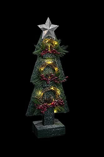 Christmas Holiday Home Décor Battery Operated Wooden Tree Tabletop Centrepiece with Wreath and 15 Small Warm White Bulbs - Green, 80cm
