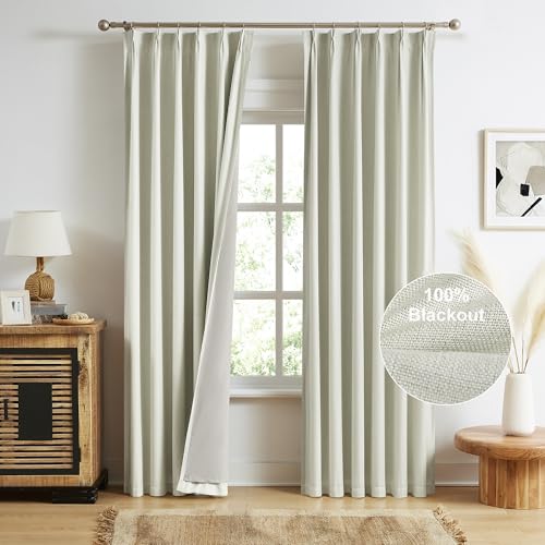 MAIHER Full Blackout Linen Pinch Pleat Curtains 96 Inches Long 2 Panels for Bedroom Living Room, Thermal Insulated Back Tab Curtains Pleated Drapes with Hooks for Track System, W40 x L96
