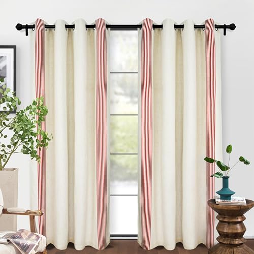 DriftAway Chris Linen Blackout Curtains with Thermal and Sound Reducing Layer 84 Inches Long for Bedroom Striped Printed Drapes Thermal Insulated Lined Window Treatments for Living Room Cabana Red