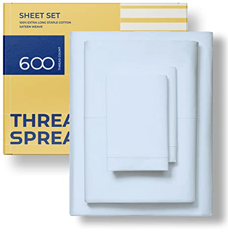 THREAD SPREAD 600-Thread-Count 100% Cotton Sheets - Queen Size Luxury Hotel Egyptian Cotton Quality Bed Sheets, Sateen Weave, Deep Pocket Fitted 4 Pc Bedding Set (Queen, Light Blue)