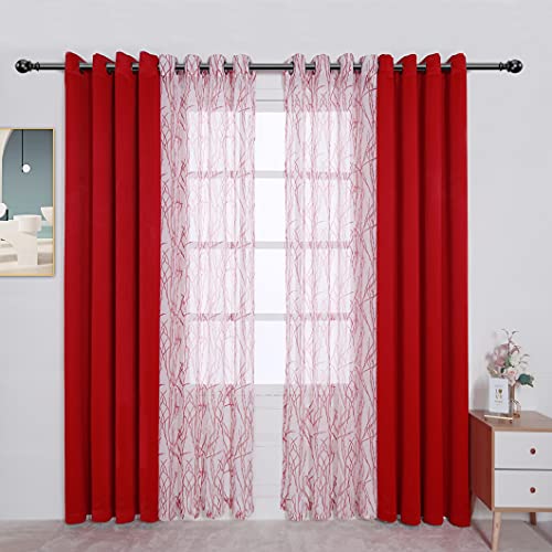 BONZER 4 Panels Set Mix and Match Curtains for Bedroom Living Room - 2 Pieces Branch Print Sheer Curtains & 2 Pieces Blackout Curtains Thermal Insulated Grommet Window Drapes, 54x63 Inch, Red