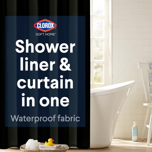"CLOROX 2-in-1 Bathroom Shower Curtain Liner, Durable Fabric, Weighted Magnets for Bath Water Control, Washable Premium Quality, Modern - 72"" x 72"" Black"