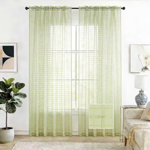 SpaceDresser Check Sheer Curtains 54 Inches 2 Panels Set, Rod Pocket Plaid Window Curtain for Living Room, Sage Green Semi Sheer Drapes for Kitchen Bedroom Children Room Yard???Sage Green, 52W x 54L???