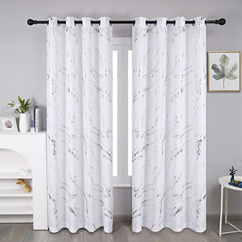 "Taisier Home Silver Foil Print Linen Textured Curtains - Geometric Marble Pattern Design for Living Room - Light Filtering Window Treatment, 2 Panels, 95"" L, White and Silver"