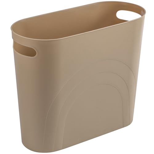 rejomiik Small Trash Can, 3.5 Gallon Slim Garbage Can Plastic Waste Basket with Handles Container Bin for Narrow Spaces Bathroom, Bedroom, Kitchen, Office at Home, Khaki