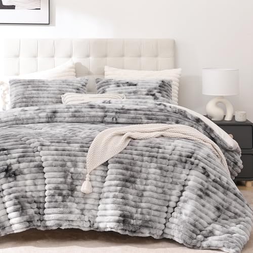 Smoofy Fluffy Queen Size Comforter Set 3 Pieces - Tie-dye Grey Fleece Fluffy Comforter Set, Luxury Fuzzy Queen Bedding Set, Soft Warm Bed Set All Season, Heavy Faux Fur Comforter with 2 Pillow Cases