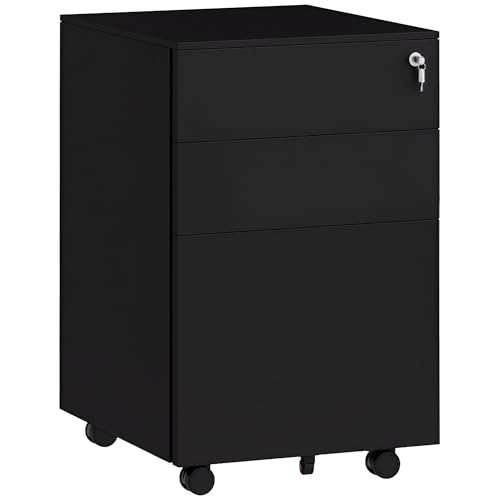 Vinsetto 3-Drawer Vertical Filing Cabinet with Lock, 5 Wheels, for A4 Black