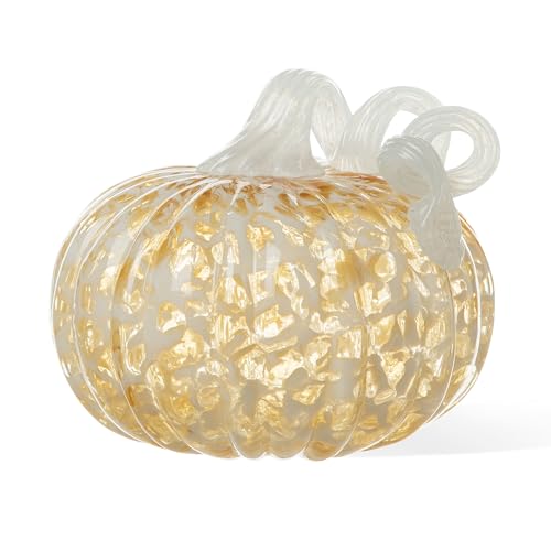 "Glitzhome Fall Glass Pumpkin Decor Hand Blown Glass Pumpkin Table Top Home Decor for Fall Harvest & Thanksgiving Decorating, 5"" H, Amber"
