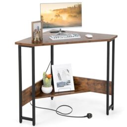 CASART Corner Computer Desk, Triangular Writing Desk with Power Outlet & Metal Frame, Space Saving PC Laptop Table Workstation for Home Office Bedroom Living Room (Brown, Without Keyboard Tray)