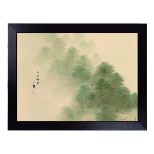 Lap Tray with Bean Bag Cushion, Mountain Village After A Storm By Yokoyama - Handmade in the UK, Raised Wooden Edge, Padded Cushion, Heat-Resistant Wipe-Clean Surface, for Meals, Laptops and Crafts