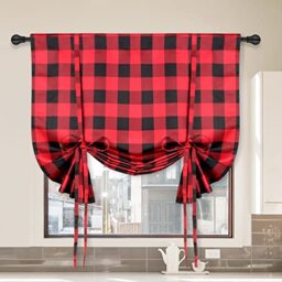 "Simple Deluxe Adjustable Tie Up Shade & Curtains for Kitchen Windows, Buffalo Check Plaid Farmhouse Thermal Insulated Blackout Room Darkening Curtain, 42"" W x 63"" L, Black and Red"
