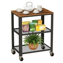 Relaxdays Kitchen Trolley with 3 Shelves, Wood-Effect, Castors, Metal, 77.5x60x40 cm, Brown-Black