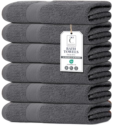 TEXCRAFT Bath Towel Set, Cotton Terry Towels for Bathroom, Quick Dry, Lightweight, Highly Absorbent, Soft Feel, 24 x 48 Pack of 6 for Shower, Pool, Spa, Gym, Hand Towel for Daily Use