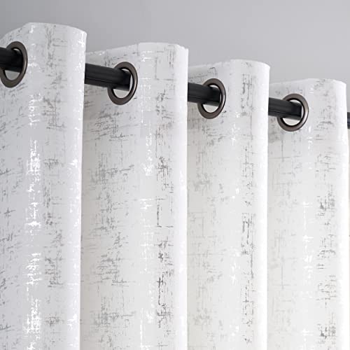 "Taisier Home Silver Foil Print Linen Textured Curtains - Geometric Dots Pattern Design for Nursery, Toy Room - Thermal Insulated Window Treatment, 2 Panels, 63"" L, White and Silver"