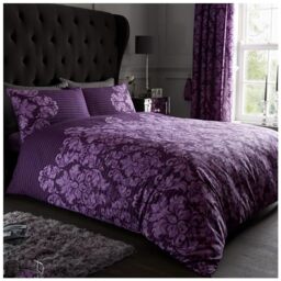 Gaveno Cavailia Empire Damask Double Duvet Set Purple Reversible Easy Care Cotton Blend 3 Piece Bedding - 1 Quilt Cover + 2 Pillow Cases - Button Closure - Machine Washable