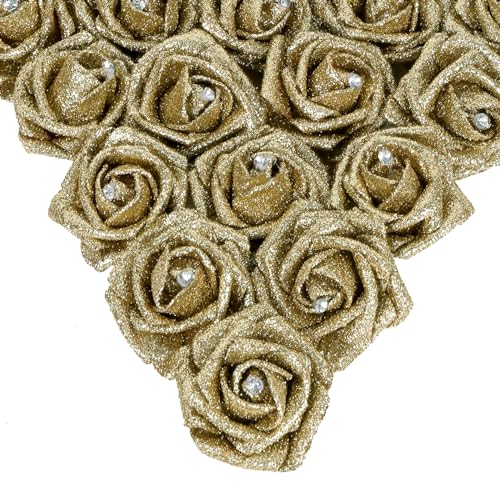 IPOPU Gold Roses,25PCS Glitter Roses Bouquet Gold Artificial Roses with Crystal for Christmas Wedding Bouquet Home Party Decoration(Gold)