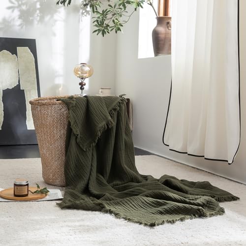 "FOSSA Muslin Blanket 4-Layer 100% Cotton Gauze Blanket with Fringe 50""x70"" - Super Soft Breathable Lightweight All Season & Decforative Blanket for Bed, Sofa, Office"