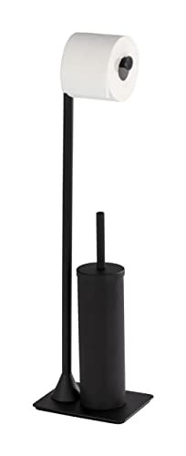 WENKO Hella Toilet Brush Stand for Toilet Paper & Toilet Brush, Toilet Paper Holder, Standing Roll Holder with Brush, Steel, 15 x 69 x 20 cm, Matt Black
