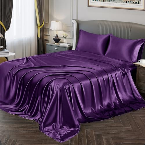 Vonty Satin Flat Sheet Full Size Silky Soft Satin Sheet Set 1 Deep Pocket Fitted Sheet + 1 Flat Sheet + 2 Pillow Cases Dark Purple yuhuai231212-304