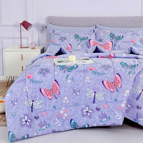 Mooreeke Kids Twin Comforter Sets for Girls 6 Pieces Butterfly Purple Bedding Set for Teens Soft Microfiber Kids Bed in A Bag with Comforter, Sheet Set, Shams and Decorative Toy Pillow All Season