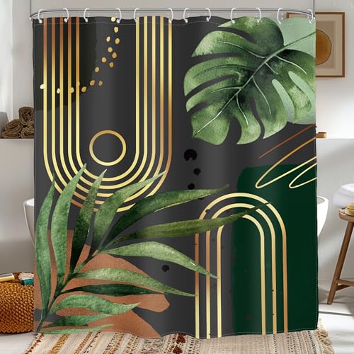 Dark Green Gold Shower Curtain Extra Long Abstract Bathroom Curtain Set - Boho Mid Century Minimalist Geometric Tropical Modern Leaf Simple 72Wx78L Bathroom Decor Waterproof Fabric with Free Hooks
