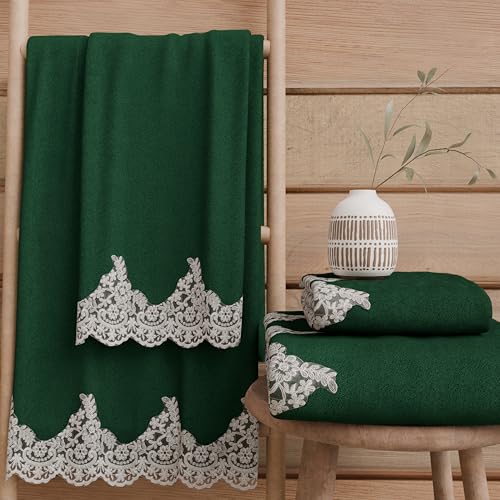 PETTI Artigiani Italiani - 100% Cotton Terry Bath Towels, 1+1 Towel Set, 2 Pieces 1 Face Towel and 1 Hand Towel, Dark Green