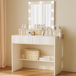 JUMMICO Dressing Table with LED Lighting and Mirror, Adjustable Brightness,Vanity Desk with 2 Drawers,Makeup Table for Bedroom,White