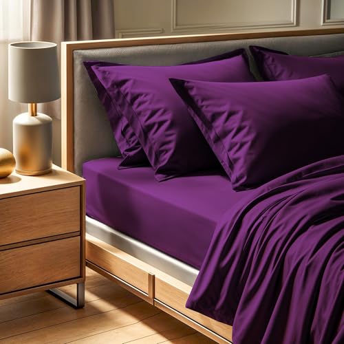 Premium Ranforce Double Fitted Sheet (140 x 190 + 30 cm), 100% Cotton, 155 Thread Count, Machine Washable at 30°C, Elegant Purple Colour for Cosy Bedrooms