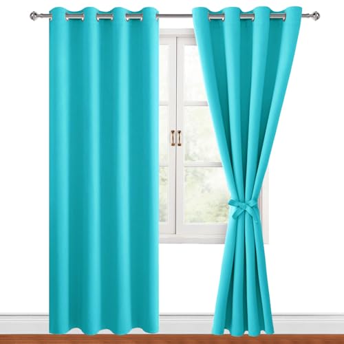 Hiasan Blackout Curtains for Bedroom, 52 x 84 Inches Long - Thermal Insulated & Light Blocking Window Curtains for Living Room/Kids Room, 2 Drape Panels Sewn with Tiebacks, Turquoise