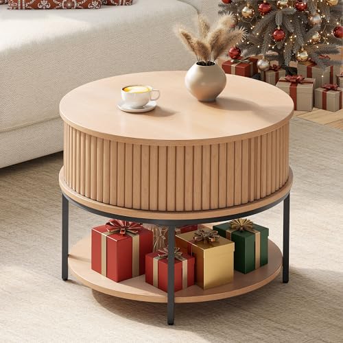 YITAHOME Round Coffee Table, Coffee Table with 2-Tier Storage Space, Fluted Coffee Tables with Tambour-Design Sliding Doors for Living Room, Wooden Accent Center Table, Wood Color