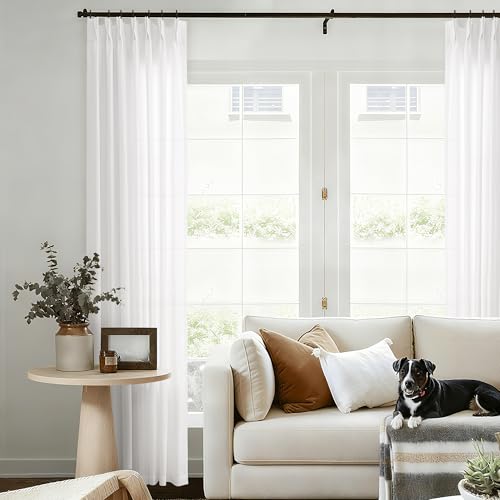 Ivory Pinch Pleated Linen Curtains 84 Inch Length for Living Room Bedroom Semi Sheer Pleat Drapes with Hooks Rings Back Tab Neutral Light Filtering Privacy Cream Window Curtain 84 Inches Long