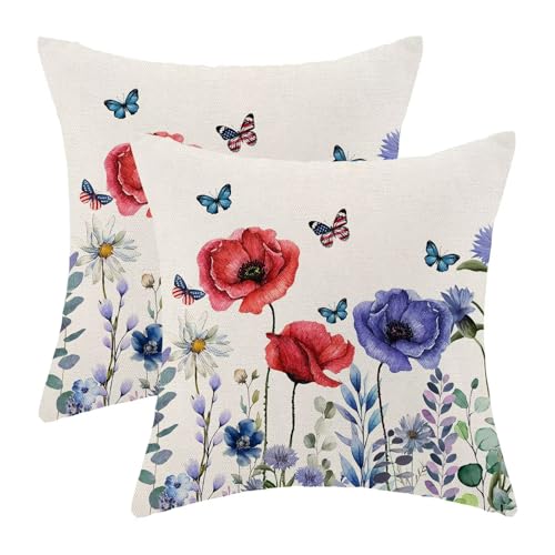 AEIOAE 4th of July Pillow Covers 18x18 Inch Set of 2, Independence Day Red Blue Flowers Decorative Throw Pillows Linen Farmhouse Patriotic Summer Outdoor Pillowcase for Sofa Couch Decor