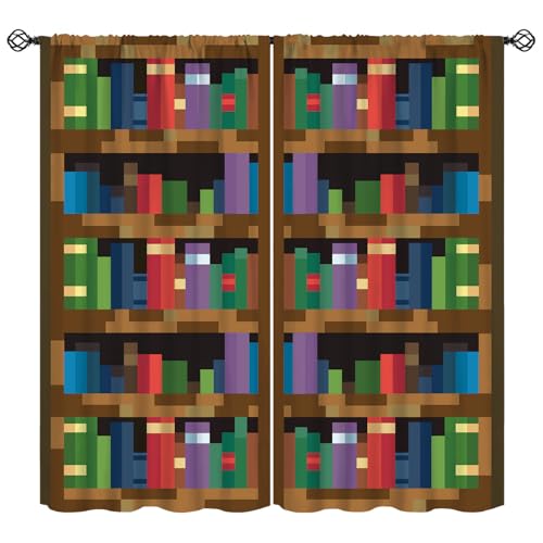 SHElifestyle Pixelated Bookshelf Curtain for Kids, Shelf with Books in Pixel Art Style Game Concept Rod Pocket Window Treatments Drapes for Girls Boys Bedroom Playroom 42x45in(Décor)