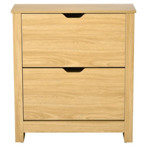 HOMCOM Shoe Cabinet Ultra Slim 2 Flip Drawers 6-12 Pairs Natural Wood
