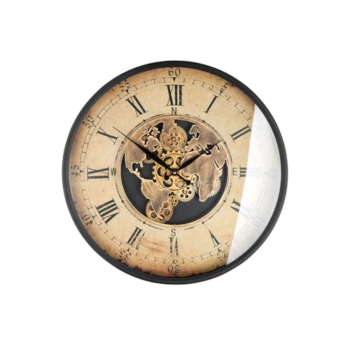 GILDE Wall Clock Metal Round Diameter 60 cm World Map and Gears Design Cream Copper Colour Batteries Not Included