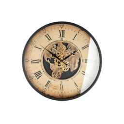 GILDE Wall Clock Metal Round Diameter 60 cm World Map and Gears Design Cream Copper Colour Batteries Not Included