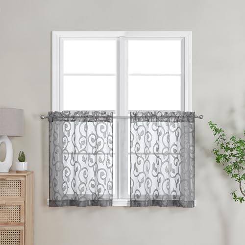 "OWENIE Furman Set of 2 Short Sheer Curtains 24"" Long for Kitchen, Living Room, Basement, Double Rod Pocket, 26"" x 24"", Grey"