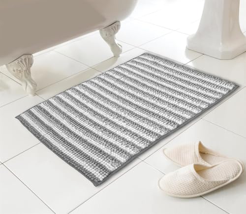 Kampala Hill Chenille Loop Striped Bath Mat Non Slip Absorbent Grey 46x76cm