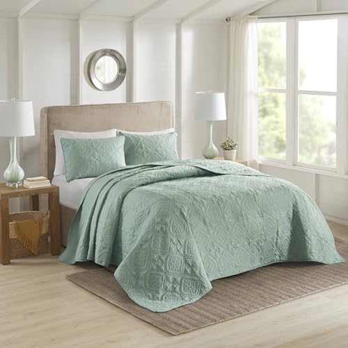 "510 DESIGN Oakley Coverlet Reversible Oversized Flower Floral Botanical Medallion Pattern Ultra Soft Light-Weight Durable Hypoallergenic All Season Woven Bedding-Set, Full/Queen(102""x118""), Seafoam"