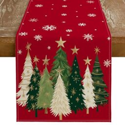 GEEORY Christmas Table Runner 13x90 Inch, Xmas Trees Snowflakes Holiday Decorative Farmhouse Table Decoration for Kitchen Dinning, Indoor Outdoor Dinner Party Decor (Red) GT150-90
