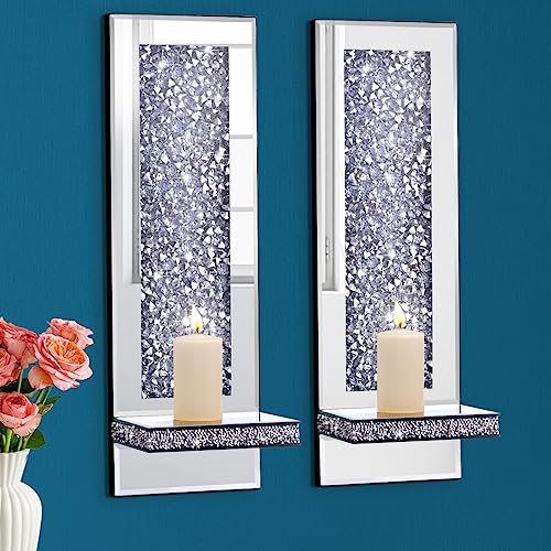 Aeveco Crystal Crush Diamond Mirrored Candle Sconces, Silver Wall Candle holder set of 2, Wall decorations for Living Room,Dining Room (Rectangle (style 4))