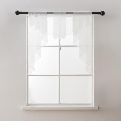 "PearAge Swag Sheer Valance Curtains for Living Room, Valance for Farmhouse Windows, Voile Tassel Rod Pocket Tailored Scalloped Curtains for Cafe Bedroom Bathroom 1PC White 31"" W x 31"" L Inches"