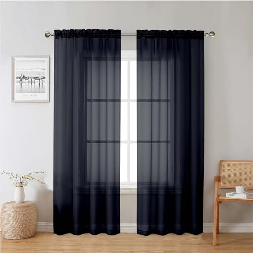 "Lecloud Black Sheer Curtains 78 Inches Long 2 Panels Set, Privacy Voile Light Filtering Drapes, Airy Solid Window Curtains with Rod Pocket for Living Room Bedroom Basement, Each Panel 42"" W x 78"" L"