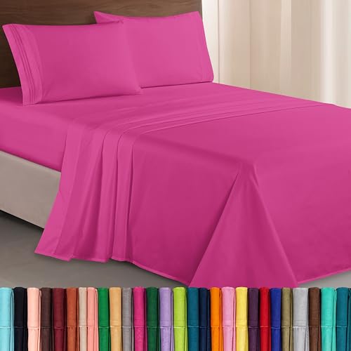 Elegant Comfort Luxurious 1500 Premium Hotel Quality Microfiber Three Line Embroidered Softest 4-Piece Bed Sheet Set, Wrinkle and Fade Resistant, California King, Hot Pink