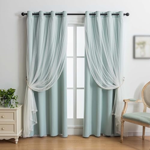 indistar Home Blackout Curtains Double Layer Solid Sheer Grommet Top Window Curtain Panel Pair, 52Wx108L,Light Blue