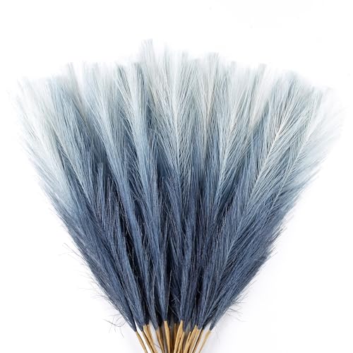 "Acfruits 20Pcs Navy Blue Gradient and White Faux Pampas Grass Decor, 21.7"" Pompas Grass Flower Arrangement and Vase Filler for Boho Home Wedding Decoration"
