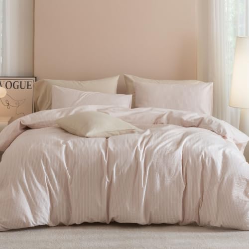 JIYUAN 100% Washed Cotton Striped Duvet Cover Set 2 Pieces Twin, 1 Duvet Cover and 1 Pillowcases(Comforter Not Included),Linen Like Comfy and Breathable,Pinstripes - Greyish Pink White