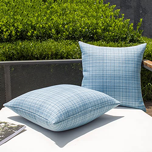 Kevin Textile Pack of 2 Decorative Outdoor Waterproof Throw Pillow Covers Stripe Pillowcases Modern Cushion Cases for Patio Couch Bench 16 x 16 Inch Light Blue
