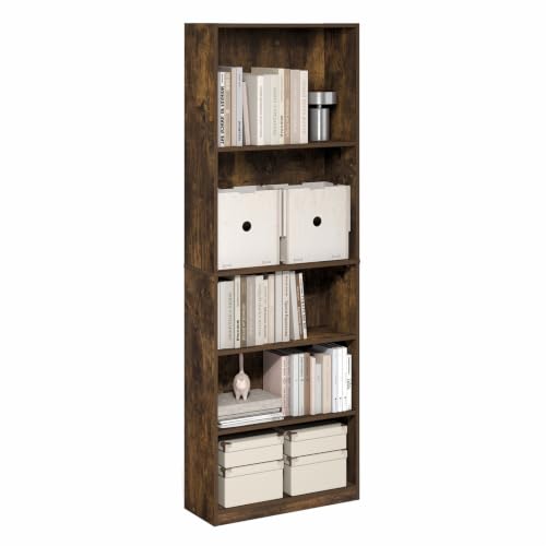 Furinno JAYA Book Shelf, 5-Tier Tall Book Shelf, Bookcase with Open Shelving, Standing Bookshelf, 24.1 x 62.5 x 180.6 cm, for Organization and Storage, for Home Office, Living Room, Amber Pine